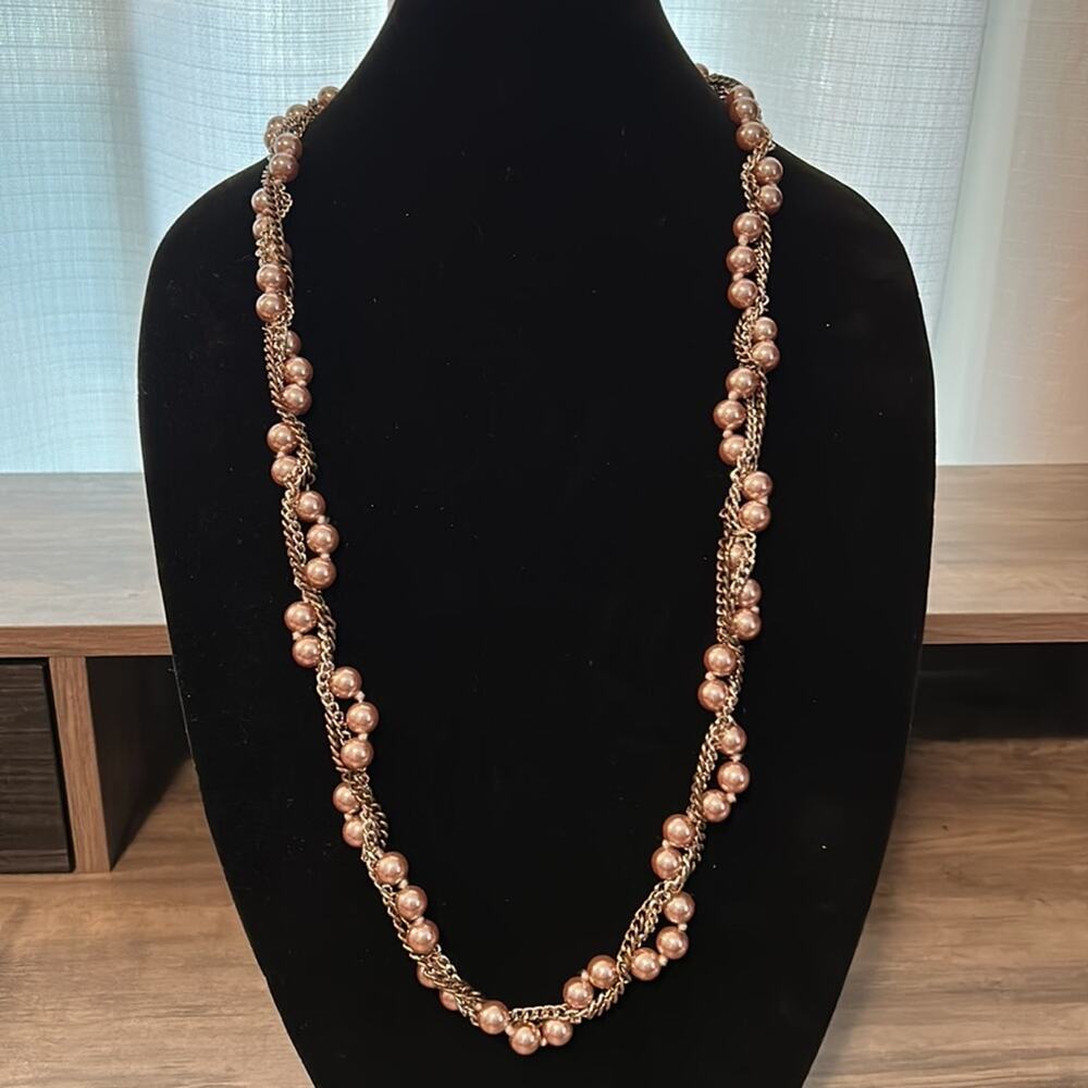 Ann Taylor Long Faux Pearl and Chain twined twisted Necklace #180